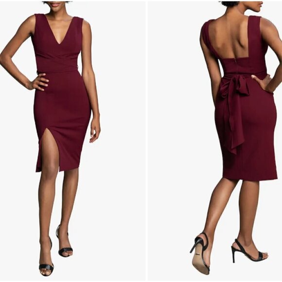 New Dress The Population Alessia Tie Waist Crepe Dress Burgundy Cocktail Sz S - Picture 1 of 7